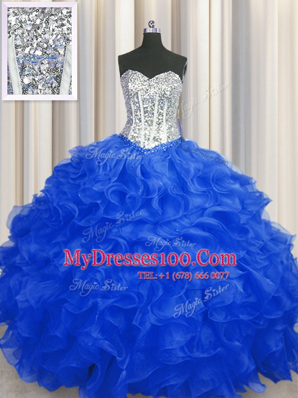 Royal Blue Sleeveless Beading and Ruffles Floor Length Quinceanera Gowns
