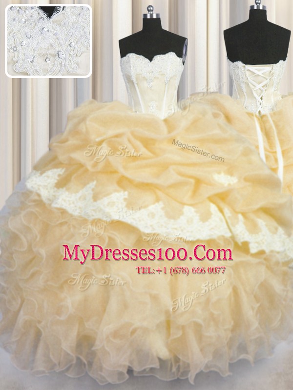 Free and Easy Gold Sleeveless Floor Length Beading and Appliques and Ruffles and Pick Ups Lace Up Sweet 16 Dresses
