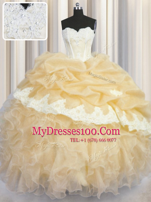 Free and Easy Gold Sleeveless Floor Length Beading and Appliques and Ruffles and Pick Ups Lace Up Sweet 16 Dresses