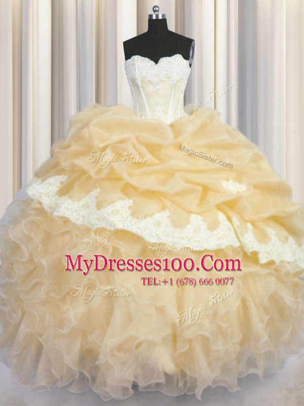 Free and Easy Gold Sleeveless Floor Length Beading and Appliques and Ruffles and Pick Ups Lace Up Sweet 16 Dresses