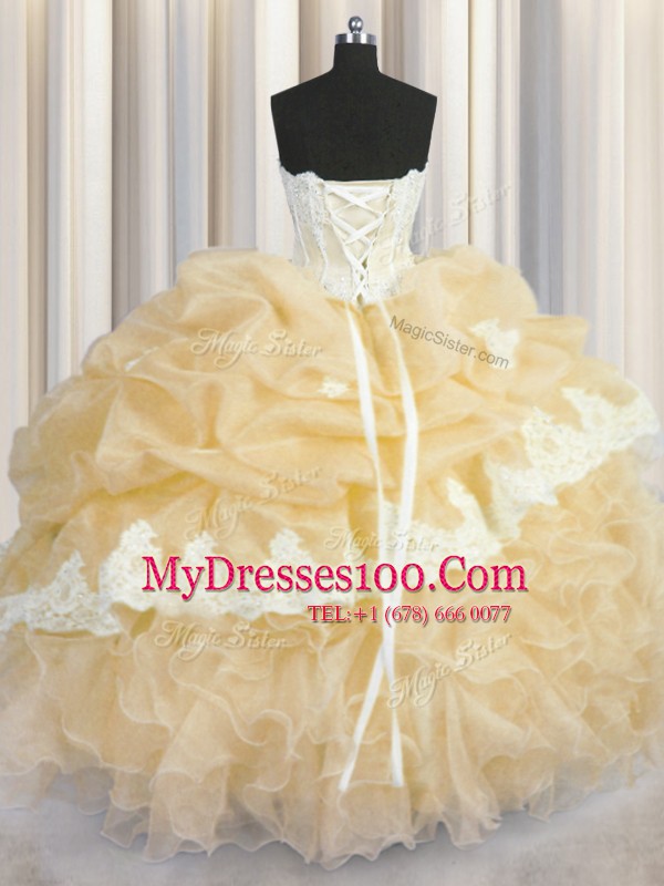 Free and Easy Gold Sleeveless Floor Length Beading and Appliques and Ruffles and Pick Ups Lace Up Sweet 16 Dresses