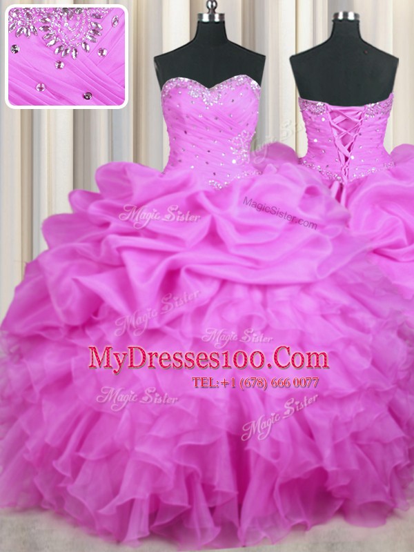 Organza Sleeveless Floor Length 15th Birthday Dress and Beading and Ruffles and Sequins and Ruching