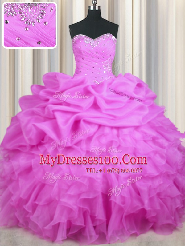 Organza Sleeveless Floor Length 15th Birthday Dress and Beading and Ruffles and Sequins and Ruching