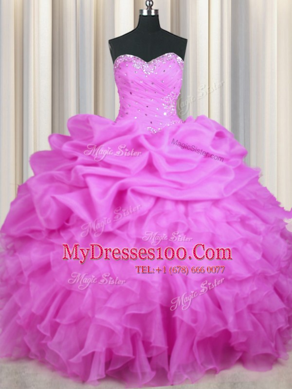 Organza Sleeveless Floor Length 15th Birthday Dress and Beading and Ruffles and Sequins and Ruching
