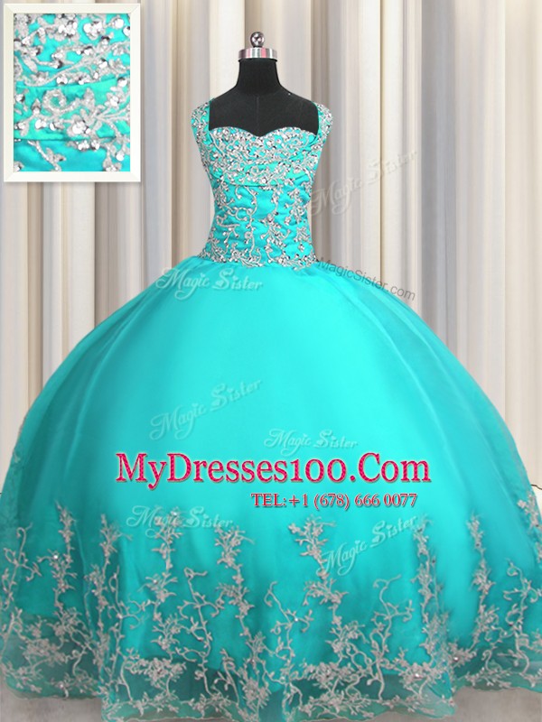 Organza Sweetheart Sleeveless Lace Up Beading and Appliques Sweet 16 Dress in Aqua Blue