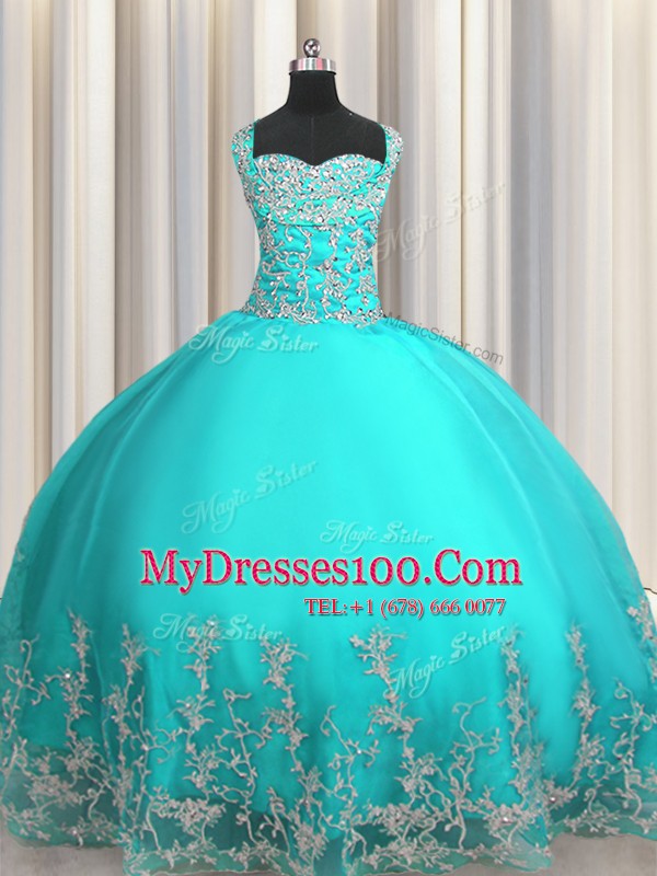 Organza Sweetheart Sleeveless Lace Up Beading and Appliques Sweet 16 Dress in Aqua Blue
