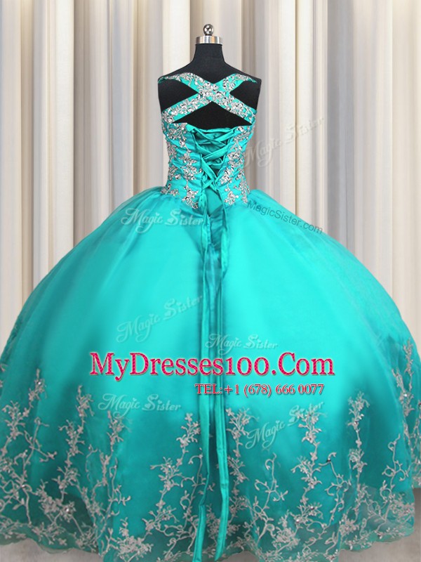 Organza Sweetheart Sleeveless Lace Up Beading and Appliques Sweet 16 Dress in Aqua Blue
