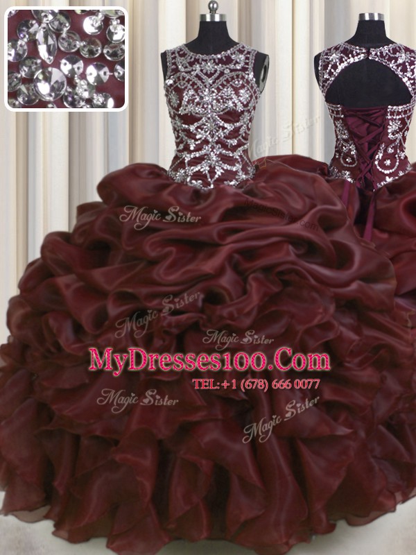 Superior See Through Floor Length Burgundy Quinceanera Dresses Organza Sleeveless Beading and Pick Ups