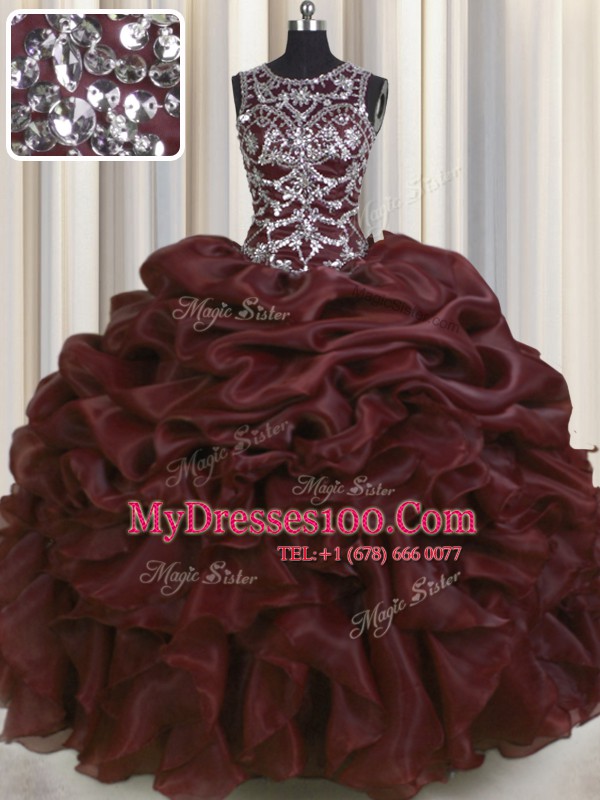 Superior See Through Floor Length Burgundy Quinceanera Dresses Organza Sleeveless Beading and Pick Ups