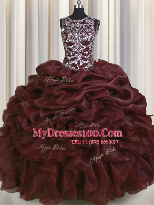 Superior See Through Floor Length Burgundy Quinceanera Dresses Organza Sleeveless Beading and Pick Ups