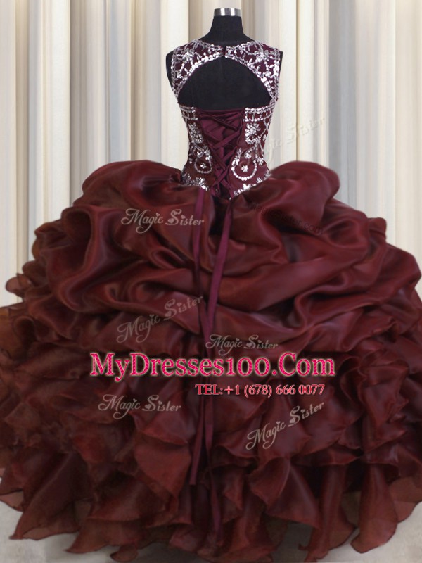 Superior See Through Floor Length Burgundy Quinceanera Dresses Organza Sleeveless Beading and Pick Ups