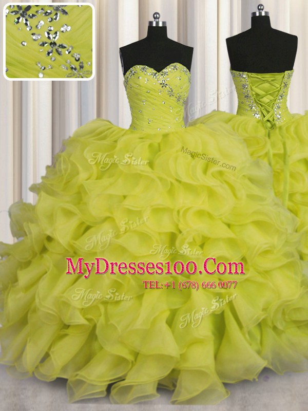 Fashion Organza Sweetheart Sleeveless Lace Up Beading and Ruffles Quinceanera Dresses in Yellow Green