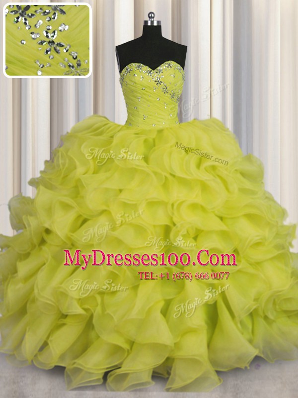 Fashion Organza Sweetheart Sleeveless Lace Up Beading and Ruffles Quinceanera Dresses in Yellow Green