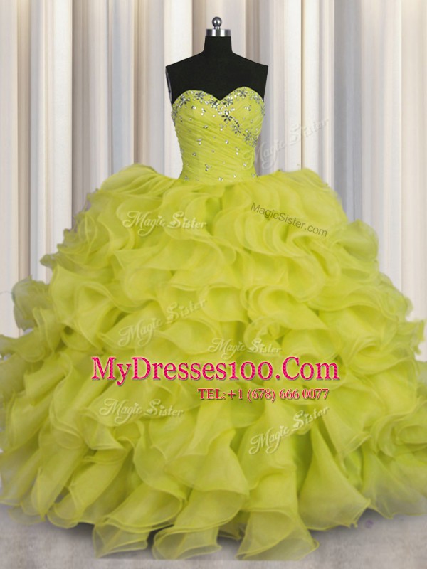 Fashion Organza Sweetheart Sleeveless Lace Up Beading and Ruffles Quinceanera Dresses in Yellow Green