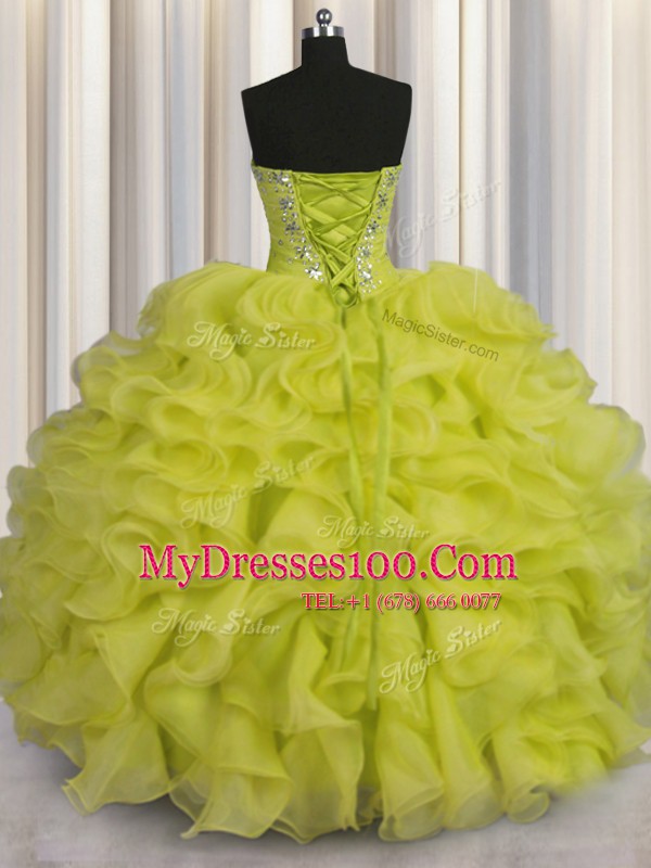 Fashion Organza Sweetheart Sleeveless Lace Up Beading and Ruffles Quinceanera Dresses in Yellow Green