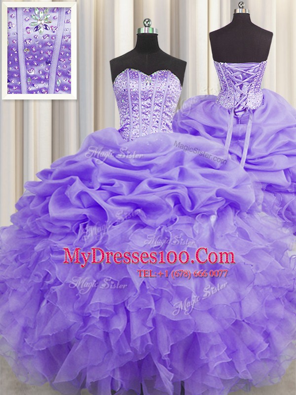 Charming Visible Boning Organza Sleeveless Floor Length Sweet 16 Dress and Beading and Ruffles and Pick Ups