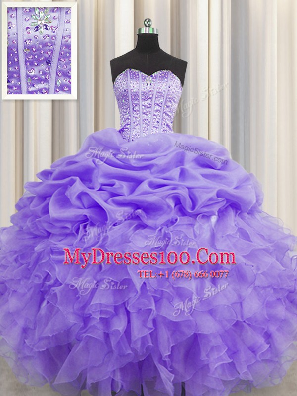 Charming Visible Boning Organza Sleeveless Floor Length Sweet 16 Dress and Beading and Ruffles and Pick Ups