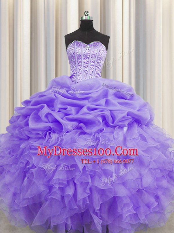 Charming Visible Boning Organza Sleeveless Floor Length Sweet 16 Dress and Beading and Ruffles and Pick Ups