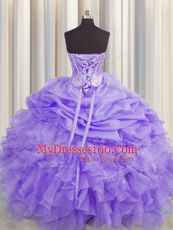 Charming Visible Boning Organza Sleeveless Floor Length Sweet 16 Dress and Beading and Ruffles and Pick Ups