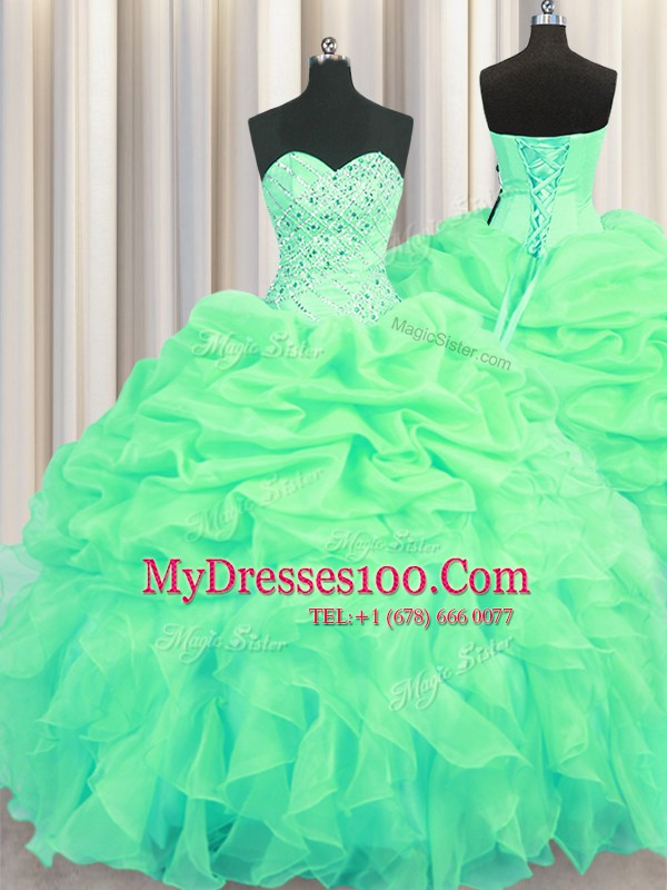 Sweetheart Sleeveless Quinceanera Dress Floor Length Beading and Ruffles and Pick Ups Green Organza