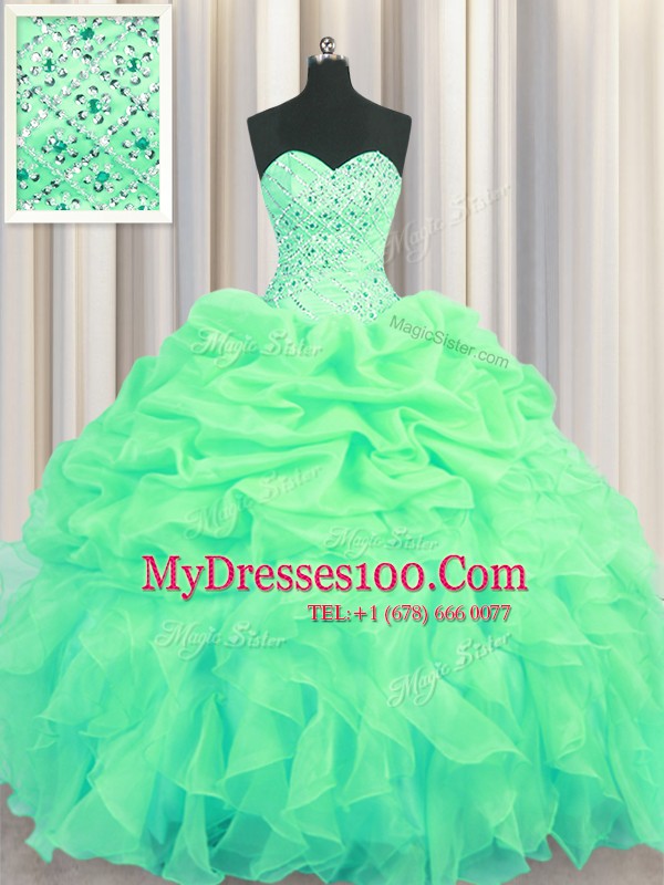 Sweetheart Sleeveless Quinceanera Dress Floor Length Beading and Ruffles and Pick Ups Green Organza