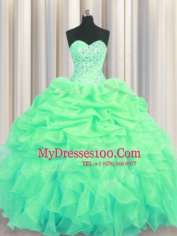 Sweetheart Sleeveless Quinceanera Dress Floor Length Beading and Ruffles and Pick Ups Green Organza