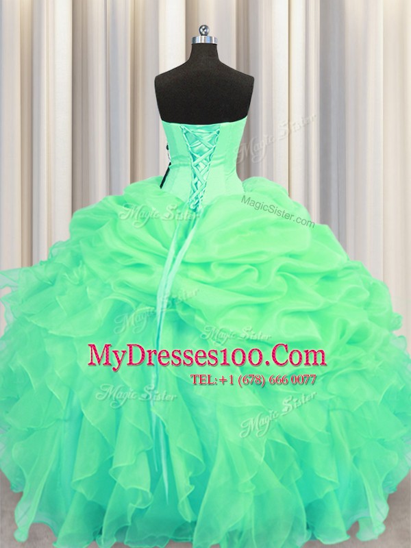 Sweetheart Sleeveless Quinceanera Dress Floor Length Beading and Ruffles and Pick Ups Green Organza