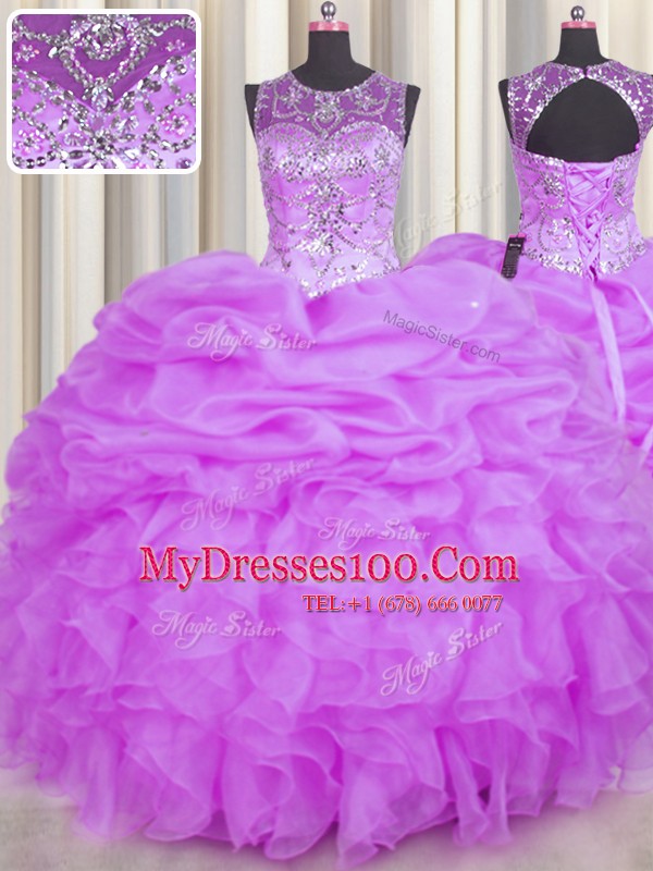 Best Scoop See Through Lilac Sleeveless Organza Backless Sweet 16 Quinceanera Dress for Military Ball and Sweet 16 and Quinceanera