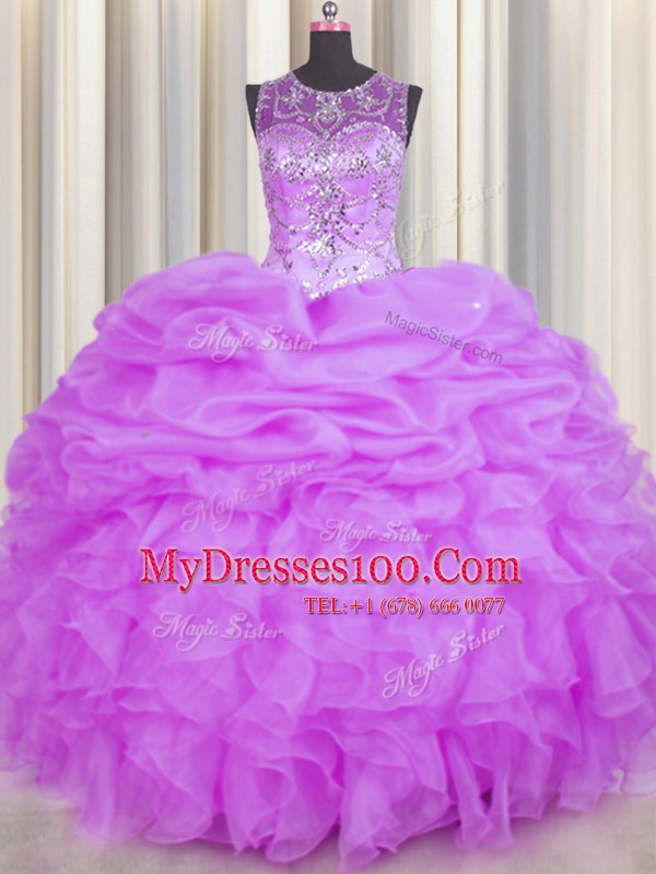 Best Scoop See Through Lilac Sleeveless Organza Backless Sweet 16 Quinceanera Dress for Military Ball and Sweet 16 and Quinceanera
