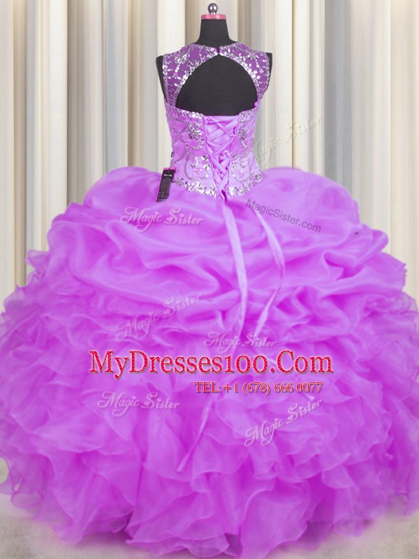 Best Scoop See Through Lilac Sleeveless Organza Backless Sweet 16 Quinceanera Dress for Military Ball and Sweet 16 and Quinceanera