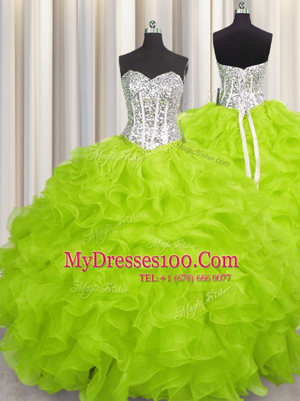 Flirting Yellow Green Lace Up Sweetheart Beading and Ruffles Quinceanera Gown Organza Sleeveless