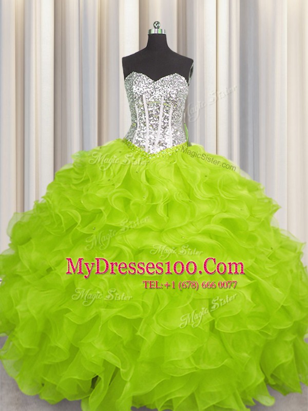 Flirting Yellow Green Lace Up Sweetheart Beading and Ruffles Quinceanera Gown Organza Sleeveless