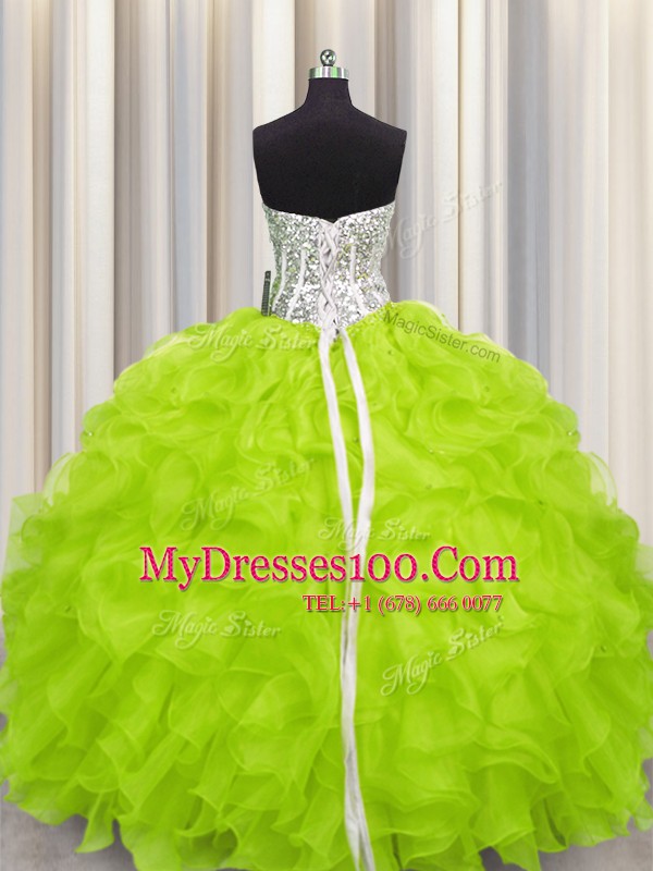 Flirting Yellow Green Lace Up Sweetheart Beading and Ruffles Quinceanera Gown Organza Sleeveless