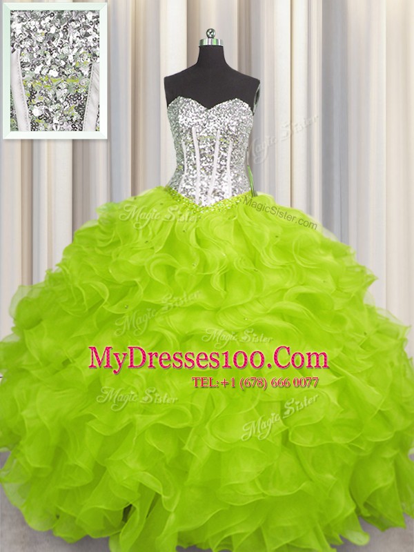 Flirting Yellow Green Lace Up Sweetheart Beading and Ruffles Quinceanera Gown Organza Sleeveless