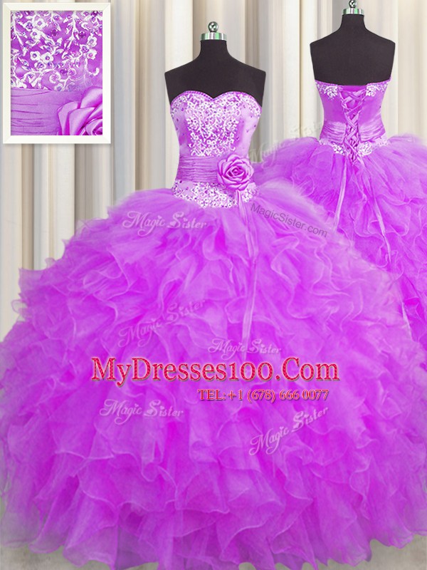 Latest Handcrafted Flower Purple Lace Up Sweetheart Beading and Ruffles and Hand Made Flower 15th Birthday Dress Organza Sleeveless