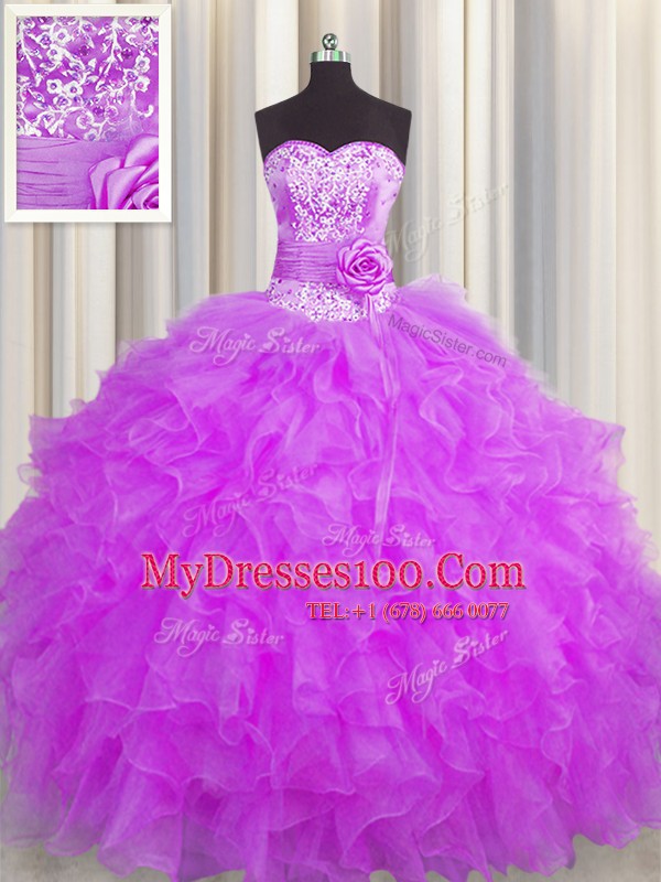 Latest Handcrafted Flower Purple Lace Up Sweetheart Beading and Ruffles and Hand Made Flower 15th Birthday Dress Organza Sleeveless