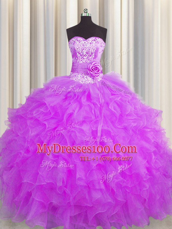 Latest Handcrafted Flower Purple Lace Up Sweetheart Beading and Ruffles and Hand Made Flower 15th Birthday Dress Organza Sleeveless