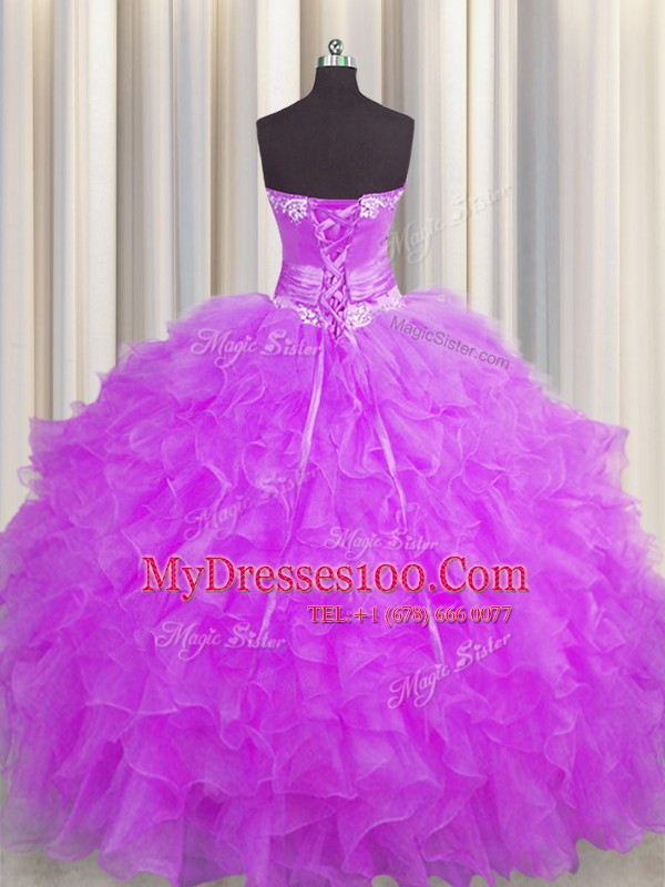 Latest Handcrafted Flower Purple Lace Up Sweetheart Beading and Ruffles and Hand Made Flower 15th Birthday Dress Organza Sleeveless