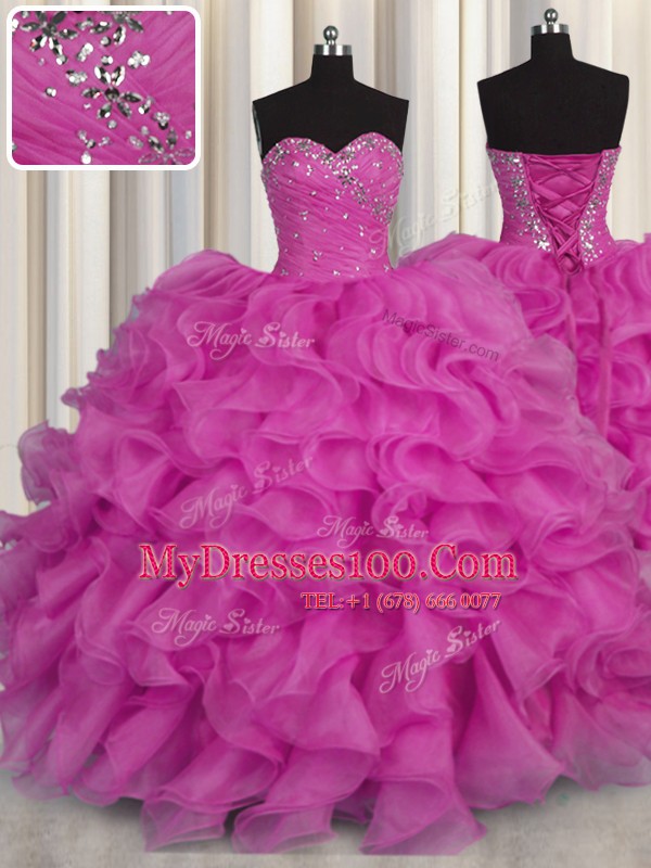 Fashion Fuchsia Organza Lace Up Sweetheart Sleeveless Floor Length Sweet 16 Dresses Beading and Ruffles