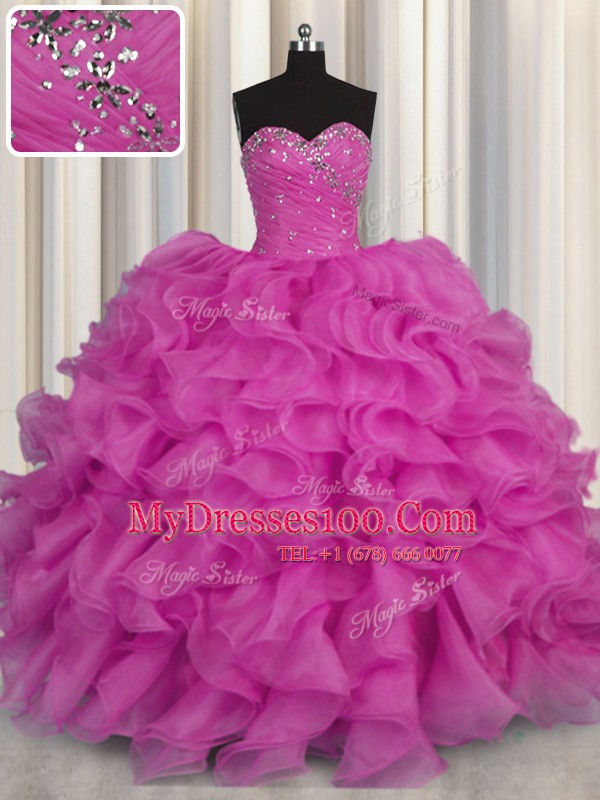 Fashion Fuchsia Organza Lace Up Sweetheart Sleeveless Floor Length Sweet 16 Dresses Beading and Ruffles