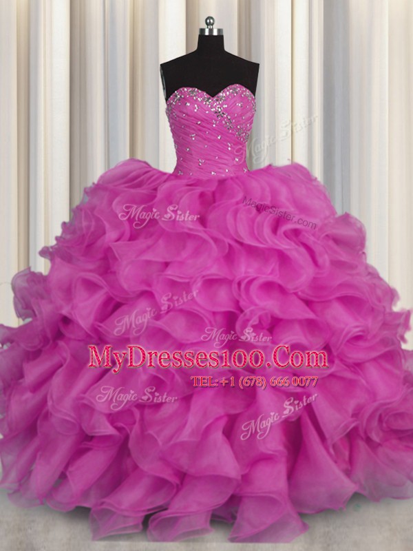 Fashion Fuchsia Organza Lace Up Sweetheart Sleeveless Floor Length Sweet 16 Dresses Beading and Ruffles