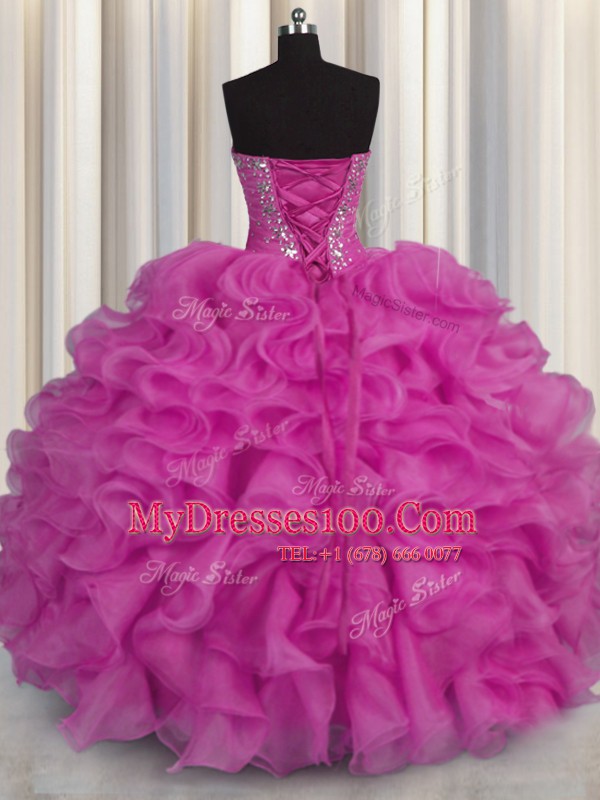 Fashion Fuchsia Organza Lace Up Sweetheart Sleeveless Floor Length Sweet 16 Dresses Beading and Ruffles