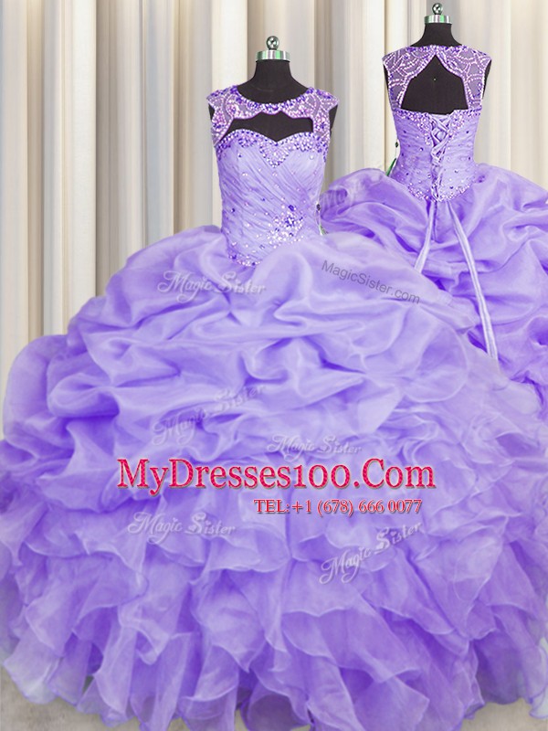 Customized Lavender Scoop Lace Up Beading and Pick Ups Quinceanera Gowns Sleeveless