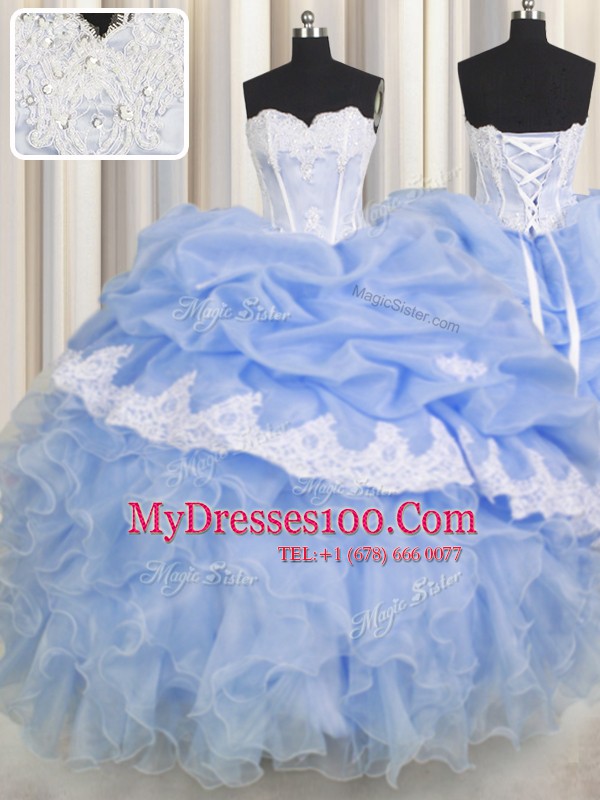 Extravagant Ruffled Floor Length Ball Gowns Sleeveless Light Blue Quinceanera Dresses Lace Up