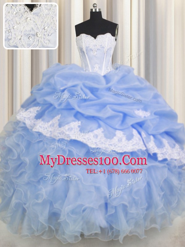 Extravagant Ruffled Floor Length Ball Gowns Sleeveless Light Blue Quinceanera Dresses Lace Up