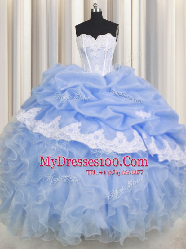 Extravagant Ruffled Floor Length Ball Gowns Sleeveless Light Blue Quinceanera Dresses Lace Up