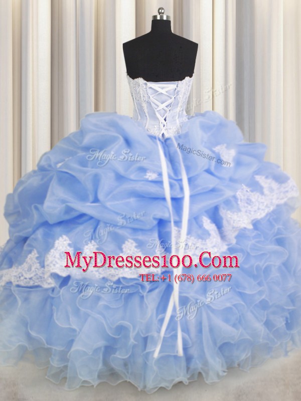 Extravagant Ruffled Floor Length Ball Gowns Sleeveless Light Blue Quinceanera Dresses Lace Up