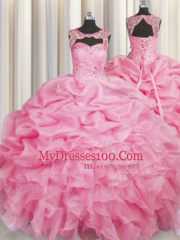 Adorable Rose Pink Scoop Lace Up Beading and Pick Ups 15th Birthday Dress Sleeveless