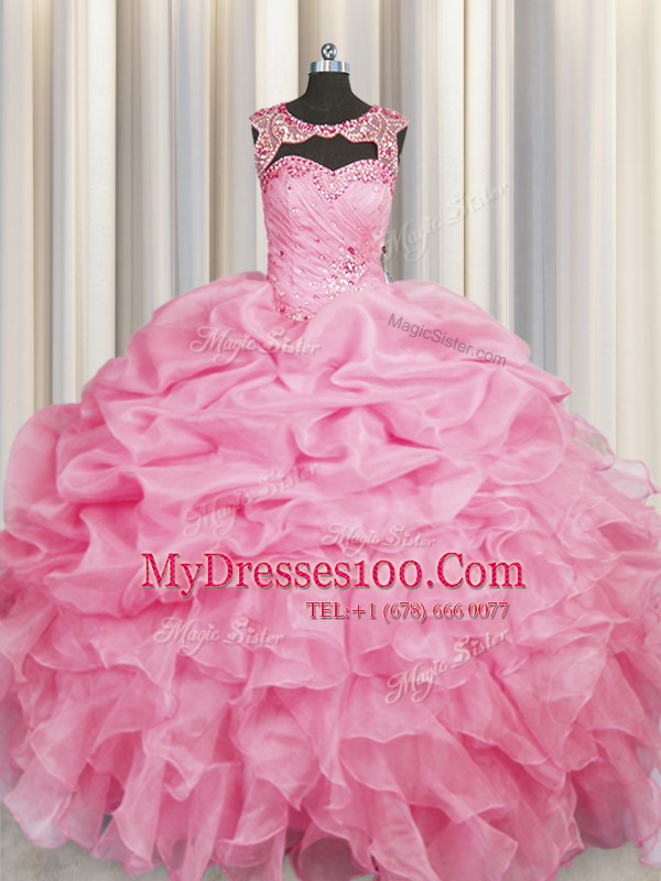 Adorable Rose Pink Scoop Lace Up Beading and Pick Ups 15th Birthday Dress Sleeveless