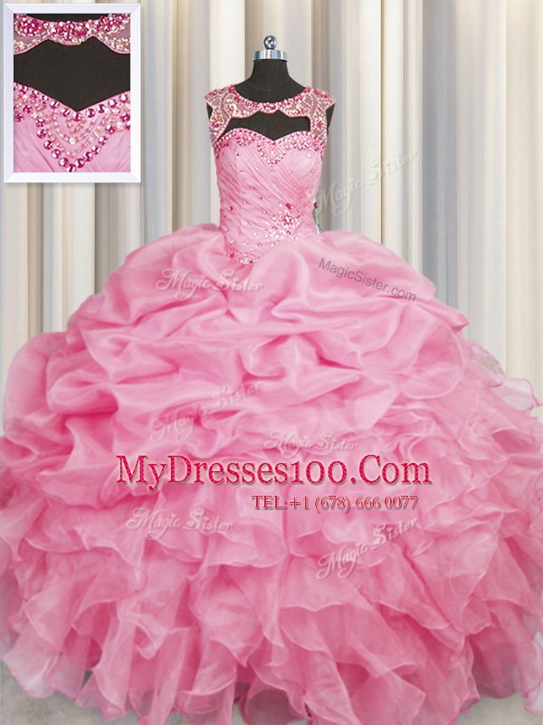 Adorable Rose Pink Scoop Lace Up Beading and Pick Ups 15th Birthday Dress Sleeveless